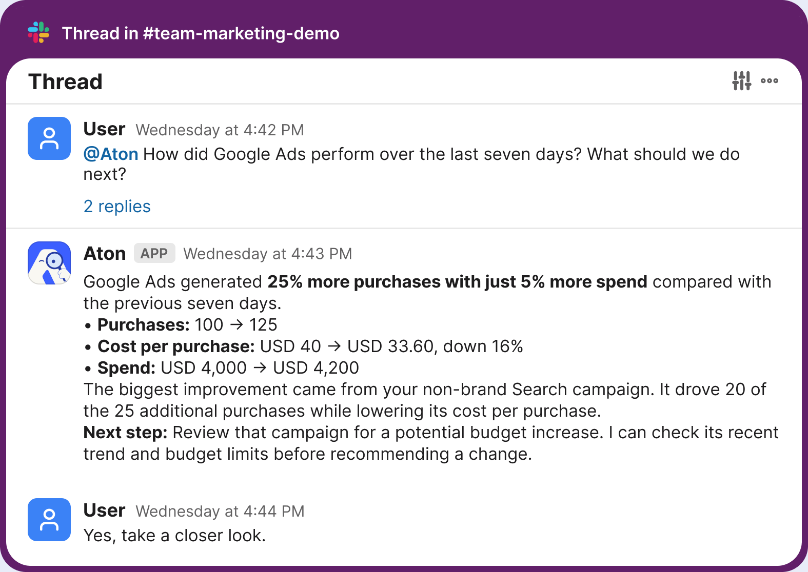 Illustrative Slack conversation: Aton explains Google Ads performance and recommends reviewing the non-brand Search campaign.