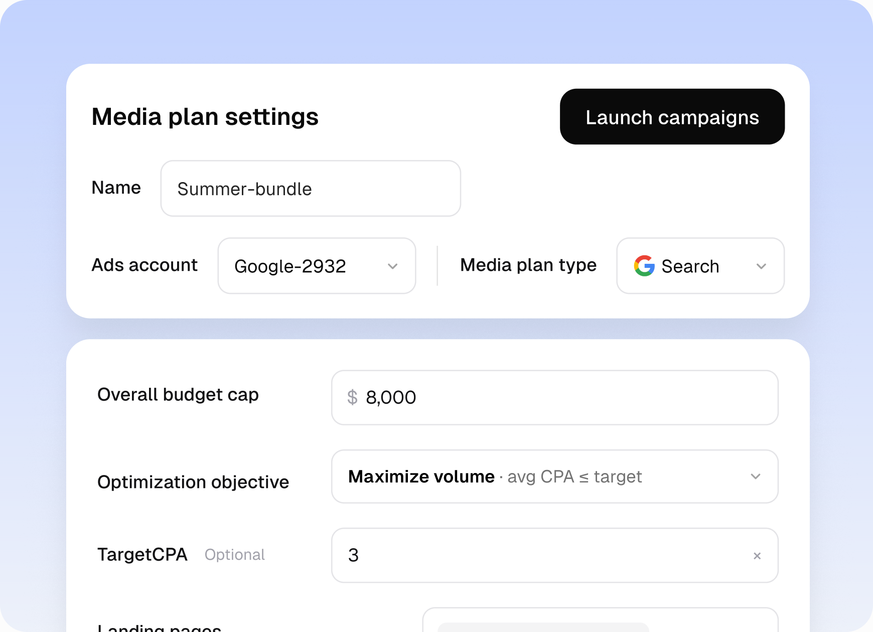 Media plan settings with campaign name, budget cap, optimization objective, target CPA, and landing pages.